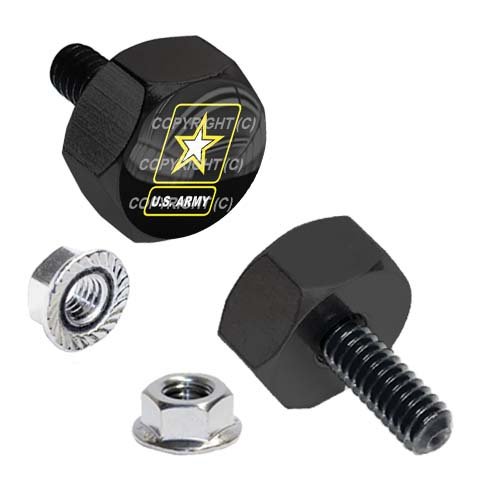 Tricktoppers Hex Head Vivid Black Billet Aluminum Universal Motorcycle License Plate Frame Fastener Tag Bolt Kit with High Resolution Gloss Graphics - Military Veteran US Army Star Logo (2 Pcs)