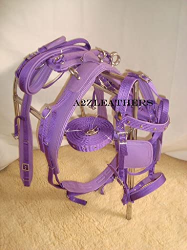 AMAZING HORSE STUFF Nylon Driving Harness for Horse Cart, Heart Shaped Studd & Sparkling Stones on Browband (Full, Cob, Pony, Shetland & Mini) (Purple) (Mini)