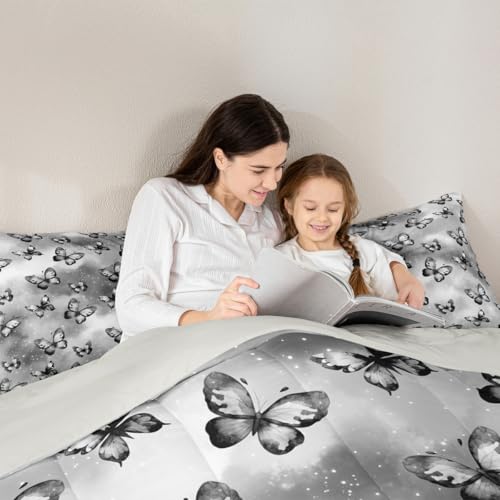 Image of Erosebridal Butterfly Bedding Sets Full - Dreamy Coquette Comforter Set for Kids Adults Watercolor Gradient Grey Butterfly Duvet Insert Galaxy Stars Print Quilt