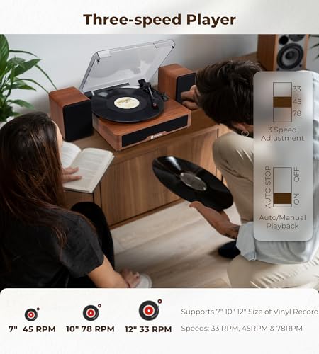 Image of Vangoa Vinyl Record Player with Bookshelf Speakers Bluetooth Vintage Turntable for Vinyl Records Belt-Drive 3 Speed Portable LP Players Wooden Vinyl Players Auto Stop with Cleaning Kits, Brown