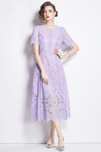 LAI MENG FIVE CATS Women's Flowy Floral Lace Short Sleeve Round Neck Evening Dress4