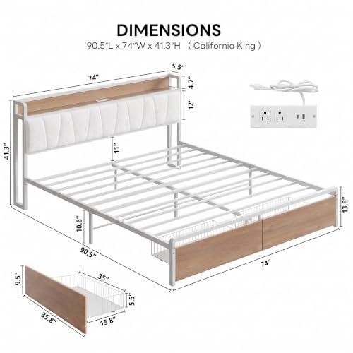 Image of LIKIMIO California King Size Bed Frame with 2 Drawers and Charging Station