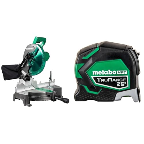 Image of Bundle of Metabo HPT Compound Miter Saw, 10" Miter Saw with Large Table Saw for woodworking, C10FCGS + Metabo HPT 25 Ft Tape Measure, 17-Ft Reach & 14-Ft Standout, 115925M