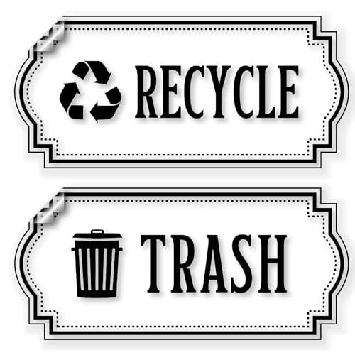 Image of Recycle and Trash Stickers for Garbage Cans - Black Premium Clear Vinyl Recycling Bin Labels - Large 4 Pack - 10 inch by 4.25 inch Decals Logo - Waste Signs for Home Kitchen or Office Bins Indoor /Outdoor Use