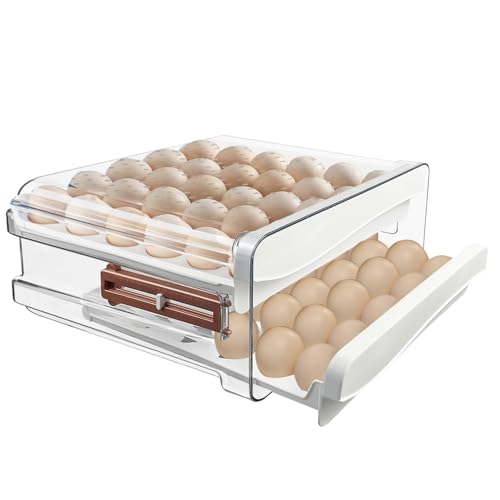 Wensdr 60 Egg Drawer Organizer for Refrigerator 2 Layers Transparent Egg Holder Tray for Fridge Stackable Eggs Storage Tray with Timescale