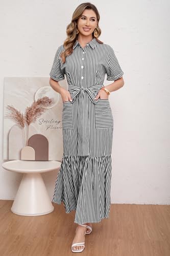 Image of utcoco Women's 2026 Summer Casual Striped Button Down Maxi Dress Tie Waist Short Sleeve Shirt Dress with Pockets