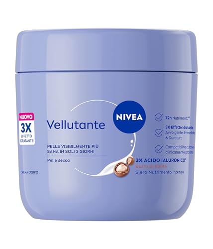 NIVEA Crema Corpo Vellutante 400 ml, Crema idratante corpo 72h, Con 3x Acido Ialuronico Puro e Burro di Karité, Body lotion dalla texture ricca, Assorbimento rapido, Per pelle secca