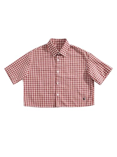 Men's Plaid Shirts Gingham Short Sleeve Button Down Crop Tee Tops