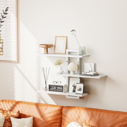 Image of Homode Floating Shelves, Set of 3 Wooden Hanging Shelves for Bathroom and Bedroom Storage, Decorative Wall-Mounted Display Shelf for Plants, Books, Pictures, White