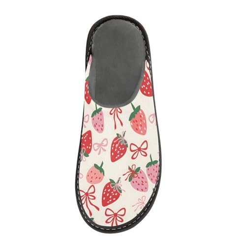 Slippers for Women Strawberry Simple Lines Bow Pattern Soft Winter Warm Shoes Indoor Outdoor Non-Slip House Travel Slippers3