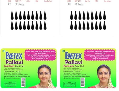 Image of Eyetex Pallavi Sticker Bindi /Pottu|Gopi /Tilak|Aloe Vera & Papaya Extracts|Breathable Non-Irritating Velvet Fabric|G11|Black|20 Flaps (Pack of 2)