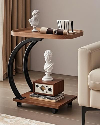 Side Table with Wheels for Couch, Rolling Side Table for Living Room, Small End Table with Wheels,Metal Frame, for Living RoomBedroom, Bedside, Rustic Brown and Black (Brown)