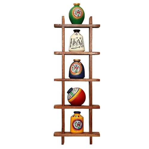 Image of AAKRITI ART CREATIONS Ladder Wall Decor with 5 Handcrafted Warli Pots | Wooden Shelves Hanging with Terracotta Vases | Matte Finish Decorative Wall Art for Living Room, Entryway & Gifting
