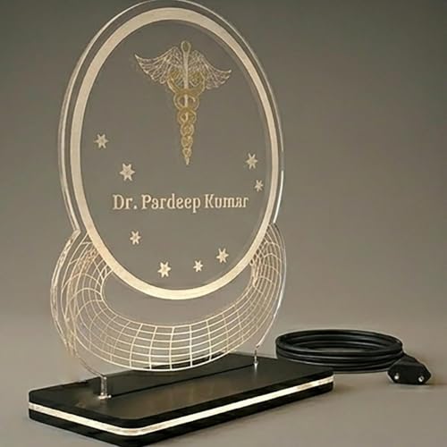 Image of Acrylic Laser Engraved Table Sign Stand For Doctor, For Dentist, For Advocate, For Lawyers, For Teacher, For Office, Acrylic LED Name Plate Signage 6 x 7 inch (Round Name Plate)