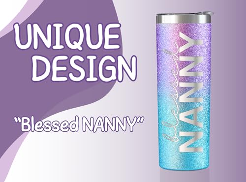 Image of Onebttl Christian Grandma Gifts for Mother's Day, 20oz Purple & Blue Glitter Skinny Tumbler, Straw & Lid Included, Nanny Gifts - Blessed Nanny