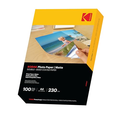 KODAK Photo Paper A4 (Double-Sided Matte 230gsm - 100 Sheets) Premium Photographic Paper, Universally Compatible with All Inkjet Printers, Perfect Printing for HP, Epson, Canon (Size 210 x 297mm)