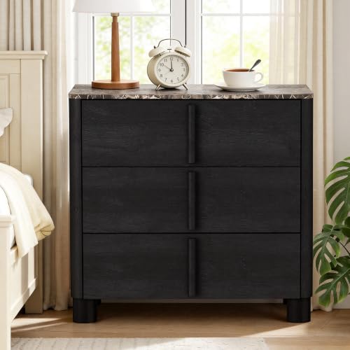Image of 31.5 inch Wide 3 Drawer Dressers Set of 2, Faux Marble & Wood Storage Cabinet, Modern Curved Accent Chest with Rounded Wood Handles for Bedroom, Living Room & Entryway, Black