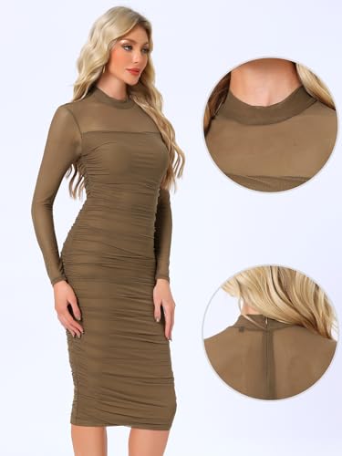 Image of Allegra K Mesh Dress for Women Long Sleeve Mock Neck Ruched Bodycon Dresses