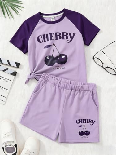 Image of KIDLAGA Girls Two Piece Sets Cherry Pattern Short Sleeve Shirts and Shorts Set With Pockets Girls Summer Outfits Size 7-14