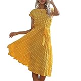 Blooming Beauty Damen Sommerkleid Polka Dots Kurzarm Rundhals Knielang Strandkleid Elegant Casual Lose Cocktail Party Kleider Faltenkleid Freizeitkleid mit Gürtel (Gelb, L)