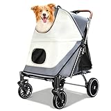 【Amazon.co.jp限定】ペットカート Bolinker 大型犬用カート大容量 ワンタッチで簡単折りたたみ 収納便利 前輪360°回転 組み立て簡単 軽量コンパクト 耐荷重50KG 通気 散歩 買い物 大型・中型・多匹飼い向け 後輪ブレーキ付き 低床型 乗り降りラクラク (ライトグレー+クリームホワイト)
