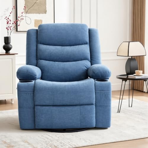 Image of Swivel Rocker Recliner Chair, Manual Recliner Single Sofa with Cup Holders, Chenille Fabric, Modern Nursery Rocking Chair with Side Pocket for Living Room, Apartment, Blue