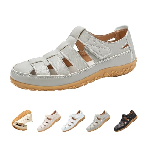 MOYOWEI Women's Summer Leather Fisherman Sandals,Comfort Closed Toe Hollow Arch Support Adjustable Beach Flat Walking Shoes