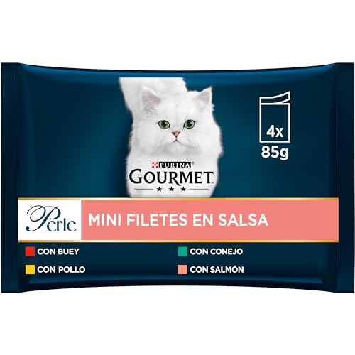 Gourmet Purina Perle Mini Filetes en Salsa, Comida Húmeda para Gato con Buey, Pollo, Conejo y Salmón, 12 Paquetes de 4 Sobres 85g - 48