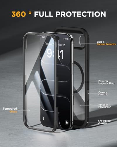 Image of Miracase Magnetic for iPhone Air Case 6.5 inch with Camera Control, Full Body Bumper Anti-Bend Slim Phone Case 17 Air, Built-in No-Bubble Tempered Glass Screen Protector, Fit for MagSafe, Black