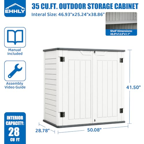 Image of EHHLY 35 Cuft Outdoor Storage Shed with 2 Shelves, Outside Storage Cabinet Waterproof with 2 Doors, Large Capacity Horizontal Garden Tool Sheds for Bike, Trash, Lawn Mower and Tools