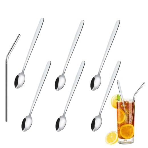 6 Piezas Cucharillas Postre+1 Piezas Pajitas Reutilizables, Cucharillas Largas, Pajitas Reutilizables Acero Inoxidable, Cuchara De Mango Largo, Pajitas Comestibles, Pajas Metálicas, Cucharas de Postre