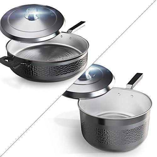 The Avalon Series 12" Saute Frypan Bundled with The Avalon Series 3 QT Stock Pot - 5-Ply Copper Core - Hammered Finish - BLACK - w/Lids & Pot Protectors