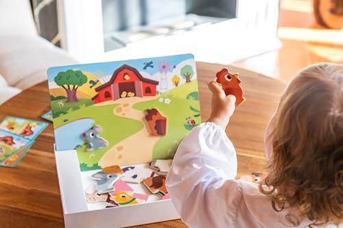 Goula - Magnetische Farm - Kinderspielzeug - Frühkindliche Entwicklung - Bildungs-Spiel - Bauernhoftiere - 12 magnetische Holztiere in 1, 2 oder 3 Teilen - 10 Vorlagenkarten - Ab 2 Jahren