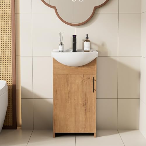 LUCKWIND 18 Inch Bathroom Vanity with Ceramic Belly Bowl Sink, Laundry Sink Cabinet Set, Bathroom Vanity Combo, Ceramic Utility Sink for Laundry, Bathroom, Utility Room, Kitchen (Natural)