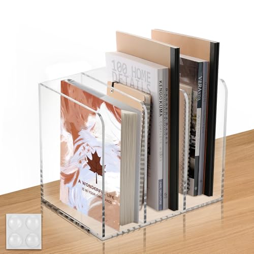 B5 Thickened Acrylic Desk Organizer,Book Organizer,Acrylic Book Holder,Acrylic File Organizer Equipped with 3 Vertical Compartments Rack,with Scratch-Resistant Pads to Protect Your Desktop