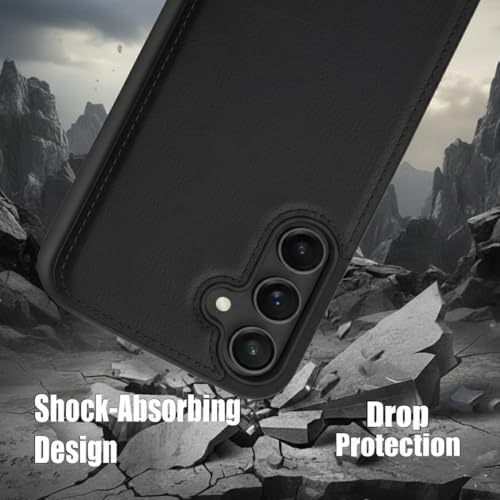 Image of Leather Case for Samsung Galaxy S25 Premium Protective Stylish Slim Cover with Shockproof Raised Edges Black