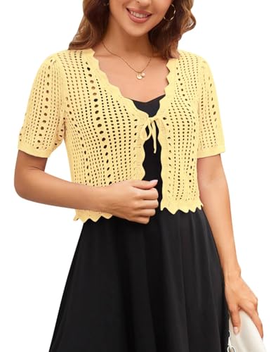 Yellow Crochet Shrug Summer Sweater Short Sleeve Crop Cardigan Lightweight