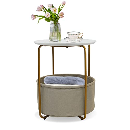 Round Side Table with Storage Basket, Small End Table with Linen