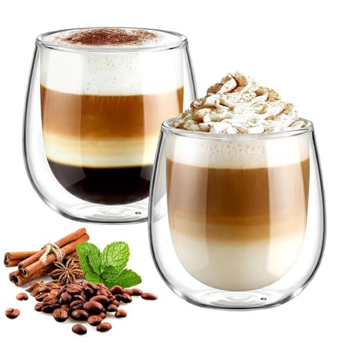 glastal 2x250ml Verre à Double Paroi,Tasse en Verre Transparent,Verres à Cappuccino,Verre à Café/Thé