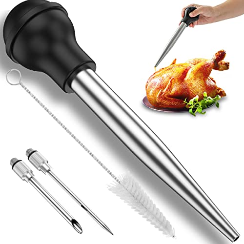 Stainless Steel Turkey Baster Syringe, Turkey Baster for Cooking, Large Turkey Baster with Silicone Suction Bulb, 2 Meat Marinade Injector Needle and Cleaning Brush, Meat Baster for Kitchen Cooking