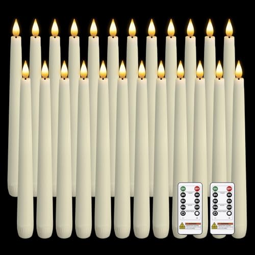 Homemory 24 Pcs Waxy Flameless Taper Candles with Remote Led Flameless Candlesticks Classic Tall Candle Flickering Battery Operated Taper Candles for Bedroom Dining Room Ivory 9.6 inches