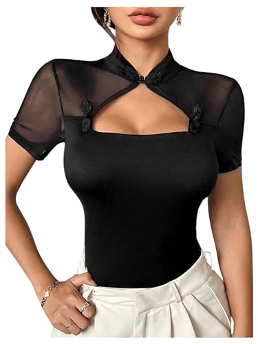 Floerns Camiseta china de manga corta para mujer, de malla, con corte frontal, Negro -, XS