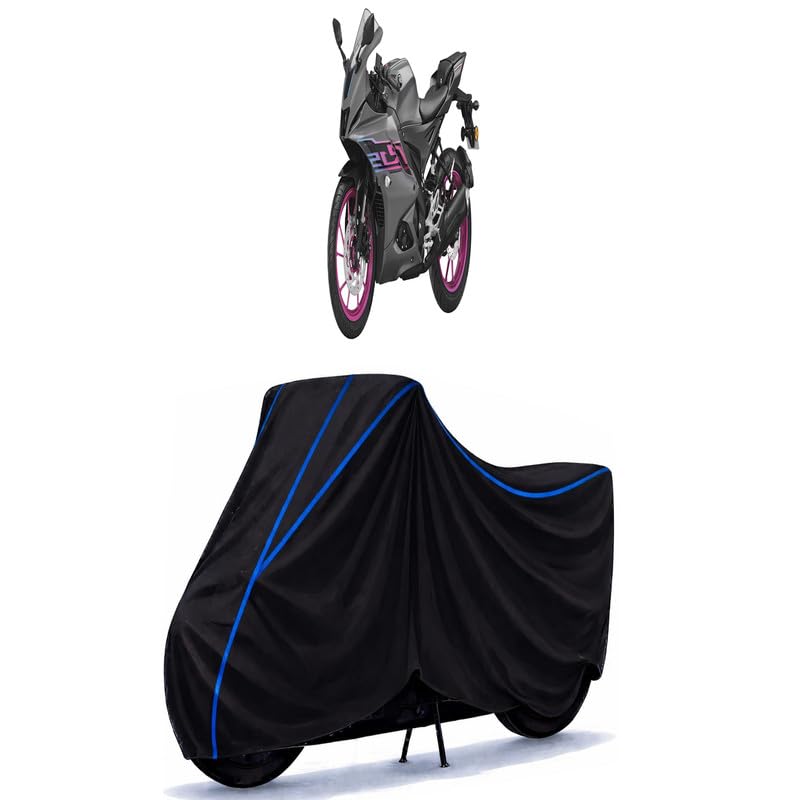 Image of YZF-R15 V2 Bike Cover Water Resistant Universal Motorcycle Rain | Heavy Duty UV Protection, Dust, Scratch Indoor Outdoor All Weather with Black Blue Piping Elastic
