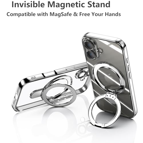 Image of Magnetic Case for iPhone 16 Plus Case Stand & Ring Holder Compatible with MagSafe Built-in Camera Lens Protector Shockproof Phone Case for iPhone 16 Plus 6.7 inch - Silver