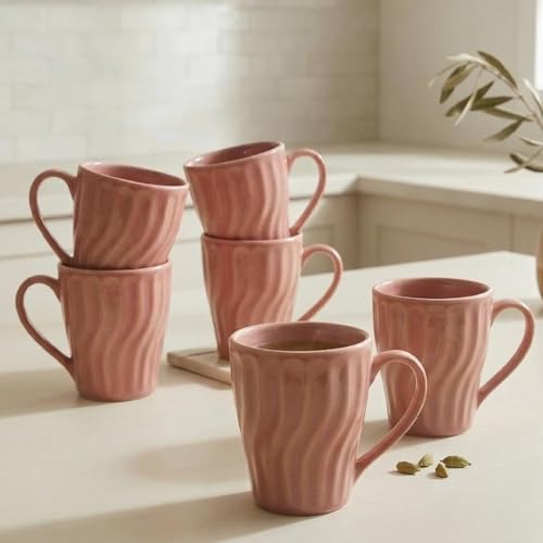 Image of The Earth Store Pink Artisan Wave Coffee Mug - 340ML Ceramic Coffee Mugs Set of 6 | Microwave & Dishwasher Safe Mugs for Gift | Home | Office | Restaurant | Daily Use Tea Mug