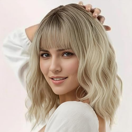 BUYOGET Wavy Bob Wig with Bangs Synthetic Hair Shoulder Length 12 Inch Short Curly Wigs for Women Ombre Blonde