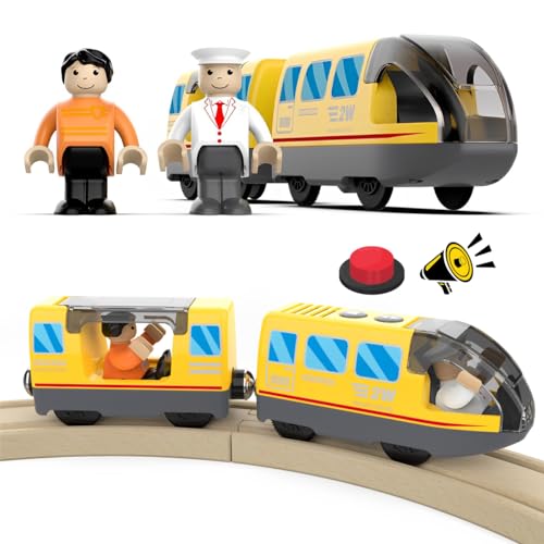 PTooTP Tren Juguete para Niños, Tren eléctrico de Juguete, Tren de Locomotora de acción con Pilas, Juguetes de ferrocarril de Madera, Juego de Tren de Motor, Coche de Juguetes Niños, Amarillo