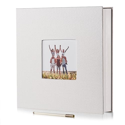 HoneyTolly Large Photo Album Self Adhesive with Picture Display Window, DIY Scrapbook Album for 4x6 8x10 Pictures, 40 Pages Linen Cover Memory Book with Scraper and Metallic Pen(White)