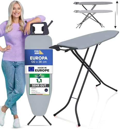 STAHLMANN ® Bügelbrett [120x38 Bügelfäche ] grau mit rutschfesten Füßen – robuster Bügeltisch – extra stabiles Bügelbrett [Made IN Europe] – Tischbügelbrett