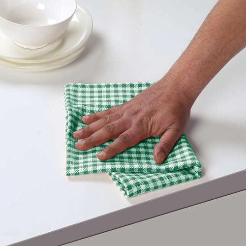 Image of 4 Pack Gingham Check Kitchen Dish Towels 16x26 Inches, Absorbent & Durable, Washable, Hand Tea Towels with Hanging Loop - Ideal for Restaurants & Home Kitchens, Green White